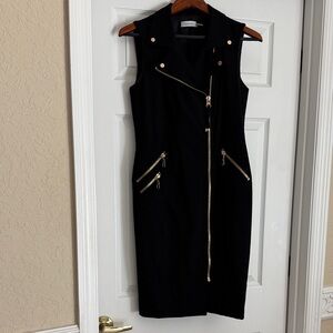 Calvin Klein Black Sleeveless Moto Sheath Dress with Gold Zippers